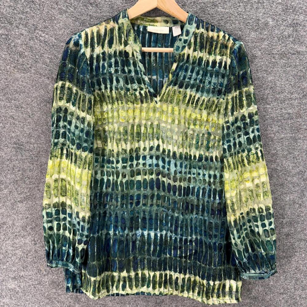 Chico's Blouse Women 0 Blue Animal Print Long Sleeve Rayon Pullover Casual